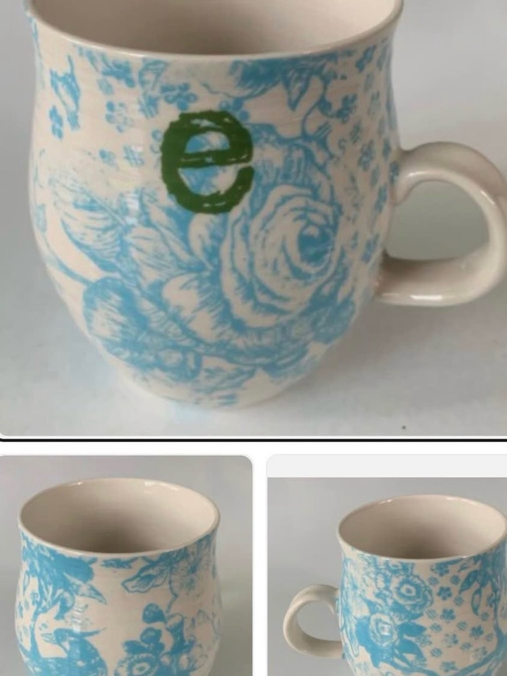 Anthropologie Blue Floral Ceramic Monogram 'e' Mug